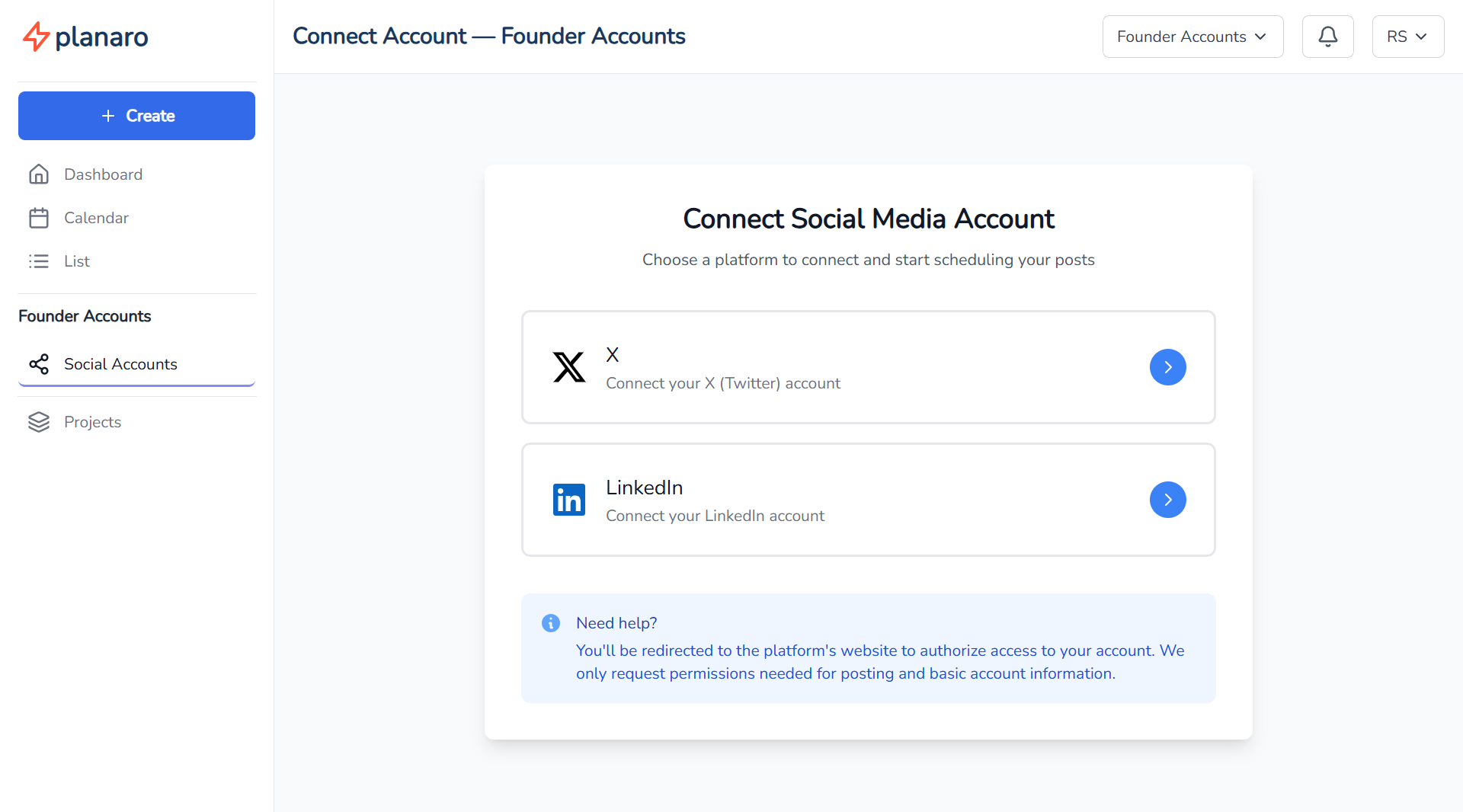 Planaro Connect Accounts Page