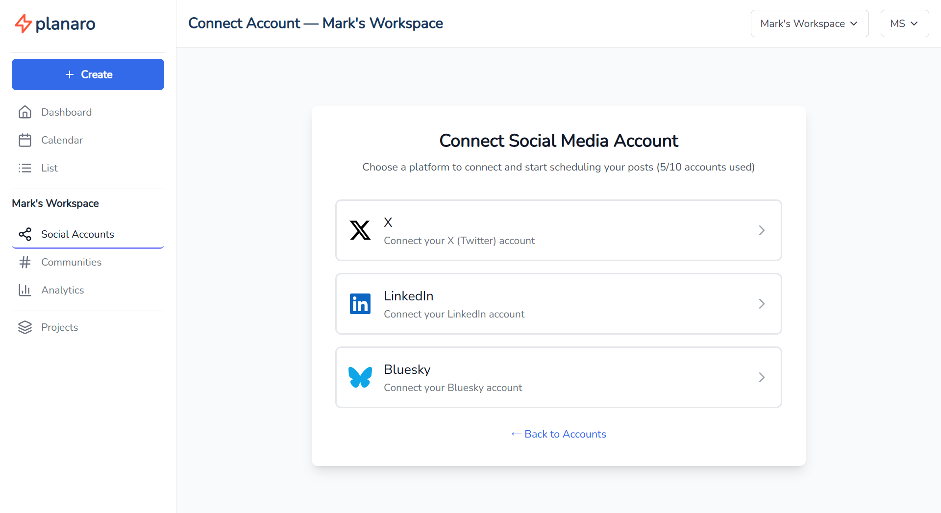Planaro Connect Accounts Page