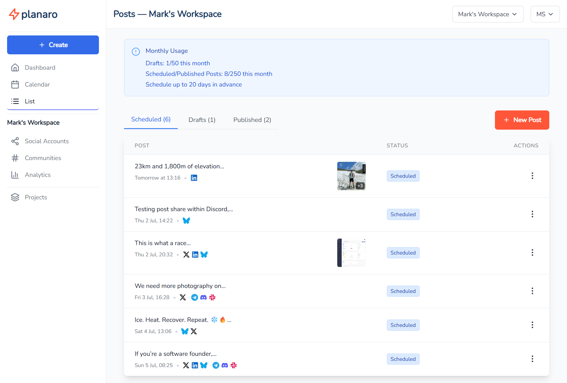 Planaro Scheduled Posts List